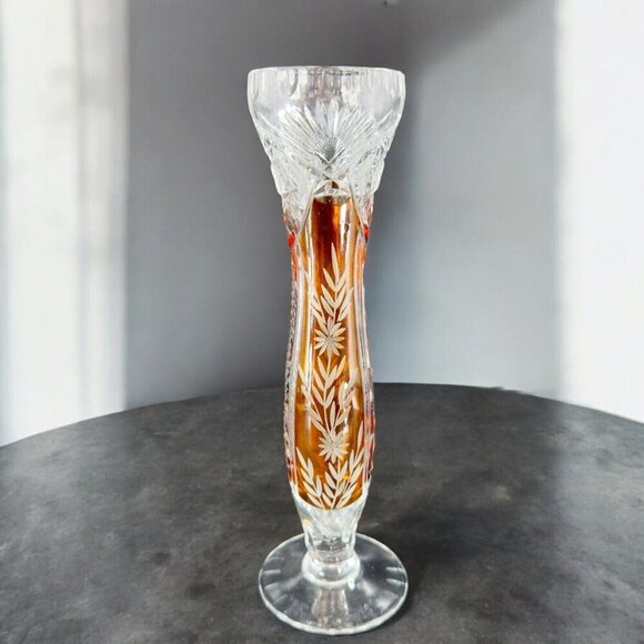 Vintage Czech Bohemian Glass Crystal Vase Vessel Amber Etching Floral Decor Vase - Picture 1 of 16